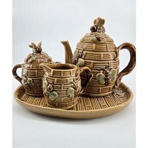 Vtg 70s Honey Bees Majolica Style Ceramic Set Tea Pot, Sugar Bowl, Creamer, Tray